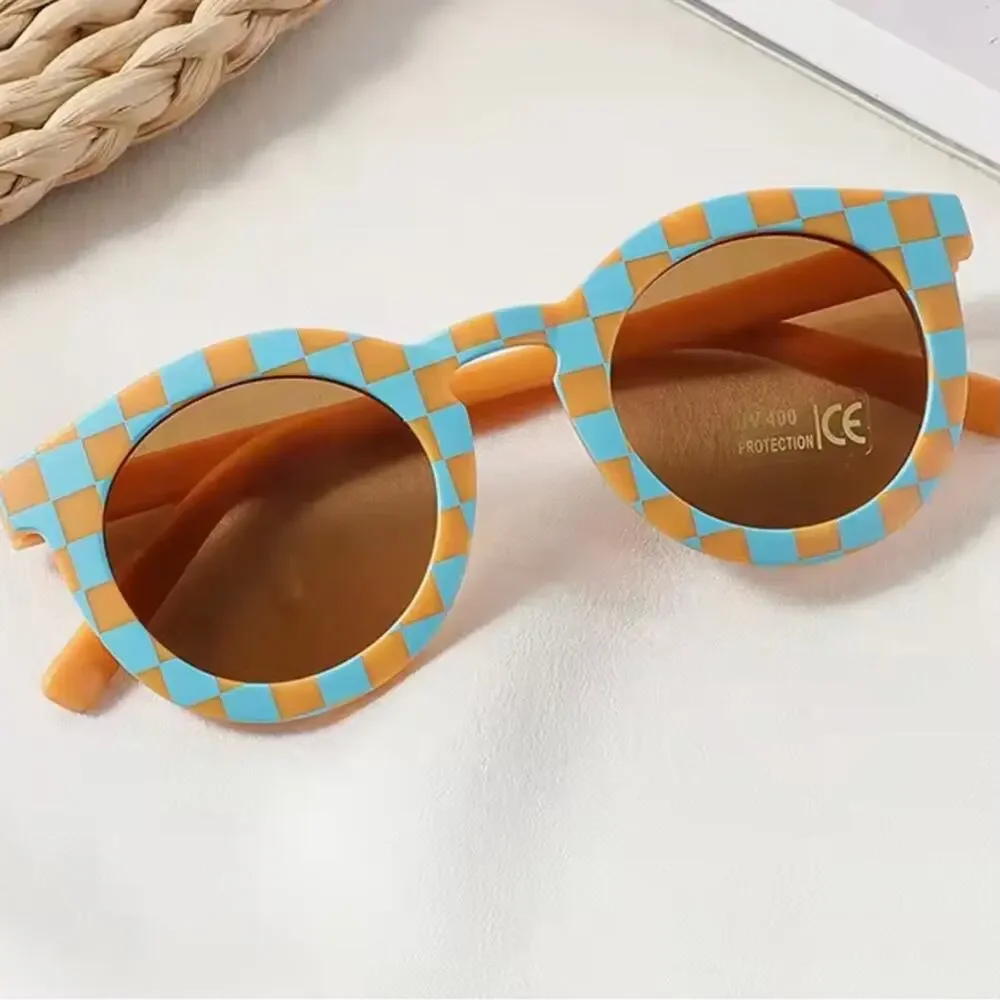 New Checkered Sunglasses in Orange and Blue Age 6 mo. to 3. +/-